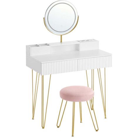 Tocador con espejo giratorio y taburete espejo tocador con iluminación y regleta taburete acolchado para dormitorio tocador 40 x 80 x 1348 cm blanco mate y oro claro 120005163