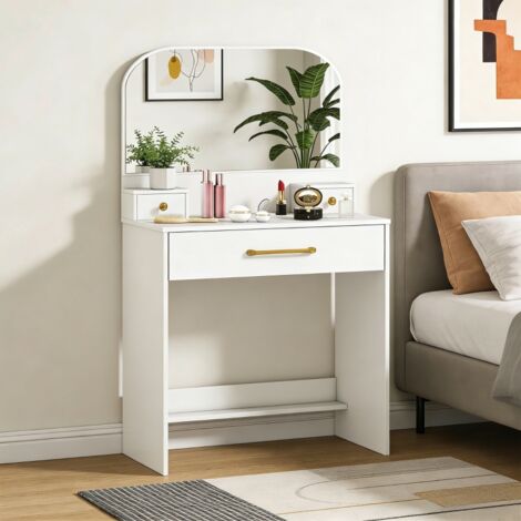 Tocador con espejo, mesa compacta con 3 cajones, blanco – ideal para dormitorios
