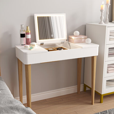 Tocador con espejo, taburete de maquillaje, conjunto de tocador, blanco