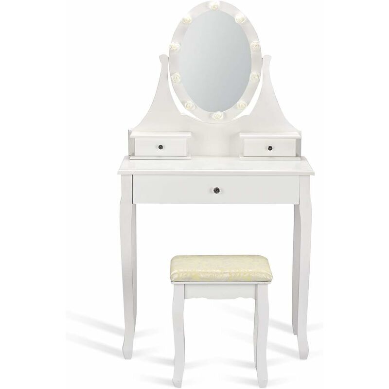

Tocador con Espejo Taburete y Cajones LED Tocador de Maquillaje Mesa Cosmético-Blanco - Costway