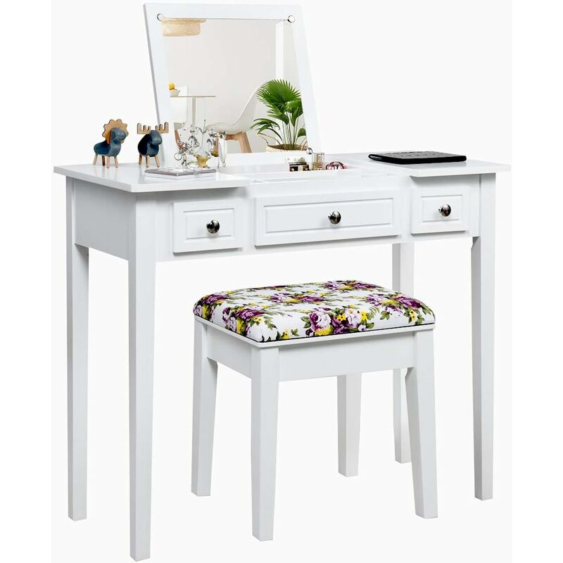 

Tocador con Espejo Taburete y Cajones Mesa de Maquillaje de Madera Cosmético Mesa para Dormitorio Salón