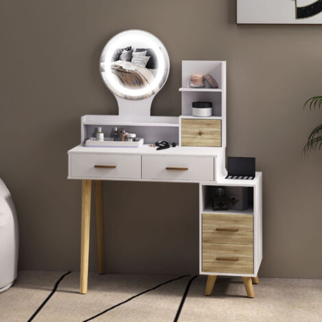 Tocador con Espejo y Luces LED Ajustables con 5 Cajones 4 Compartimentos y 1 Estante 100x44x137 cm Blanco y Natural