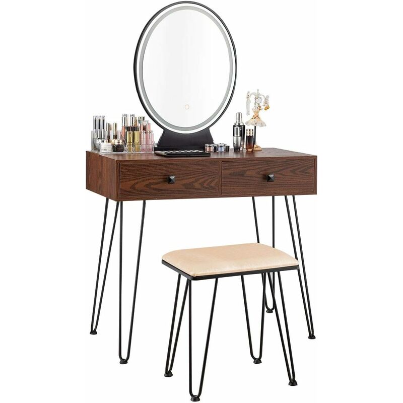 

Tocador con Espejo,Taburete y Cajones Mesa de Maquillaje Tocador con LED Luz Ajustable Escritorio Marrón rústico