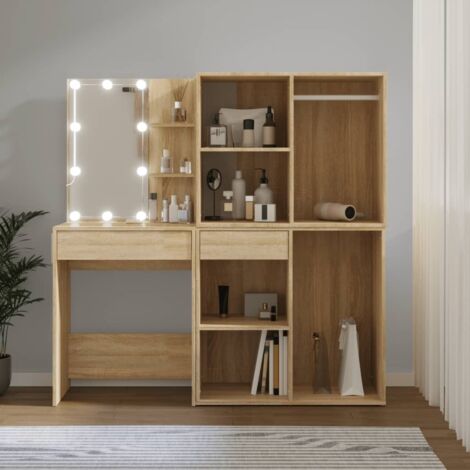 Tocador con LED y 2 armarios madera contrachapada roble