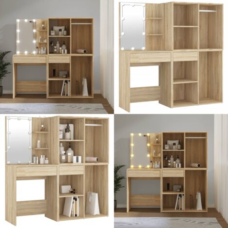 Tocador con LED y 2 armarios madera contrachapada roble Sonoma - Armarios de madera contrachapada - Tocador con luz LED