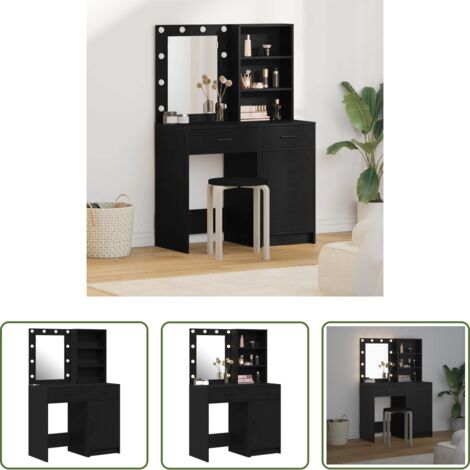 Tocador con luz LED -  Conjunto de mesa de vestidor con LED 2 pcs Roble Negro
