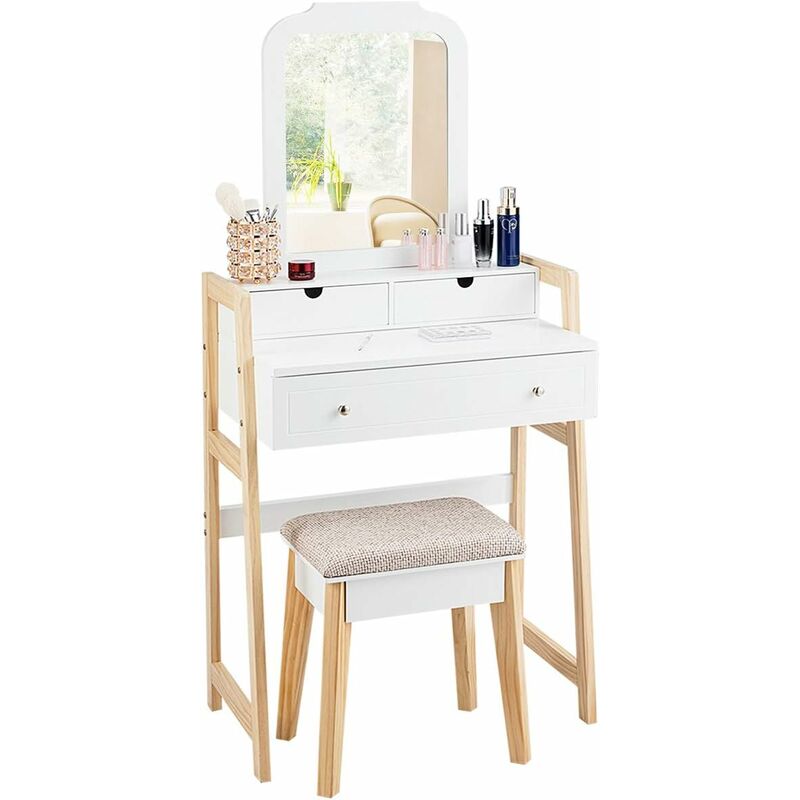 

Tocador con Taburete Tapizado y Espejo Mesa de Maquillaje con 3 Cajones y Patas dePino Mesa de Cosméticos Belleza para Dormitorio Blanco