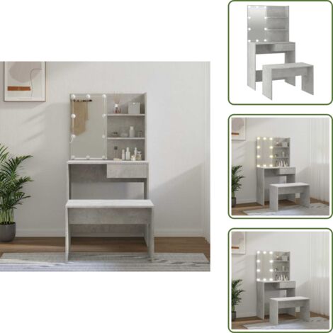 Tocador con taburete - vidaXL Juego de tocador con LED madera contrachapada gris hormigón - Tocador para dormitorio