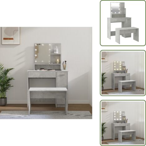 Tocador con taburete - vidaXL Juego de tocador con LED madera contrachapada gris hormigón - Tocador para dormitorio