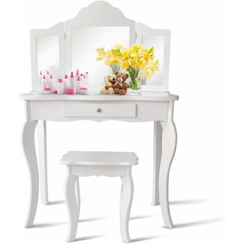 

Tocador con Taburete y Espejo para Niña de MDF y Madera Mesa de Maquillaje con Cajón 70x34x103 centímetros (Blanco)