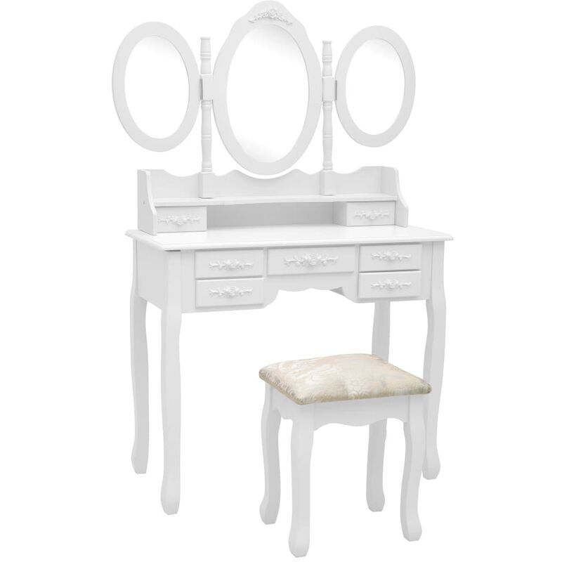

Happyshopping - Tocador con taburete y espejo triple plegable blanco