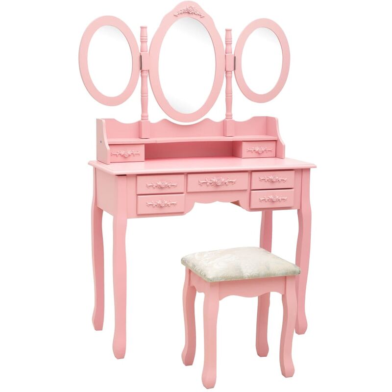 

Tocador con taburete y espejo triple plegable rosa