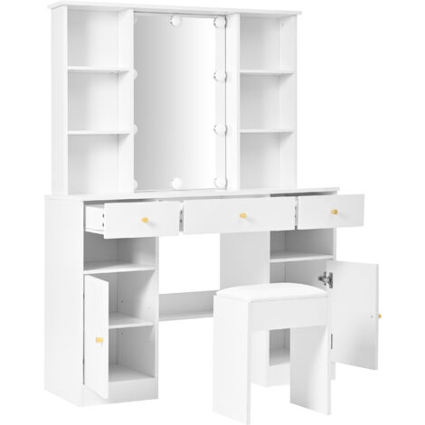 Tocador de aglomerado blanco con espejo 45x60 cm, iluminación LED regulable, 3 cajones, 2 puertas y taburete