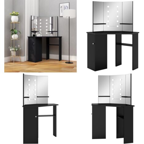 Tocador de esquina con LED negro 111x54x141,5 cm - Espejo de 3 paneles - Bombillas LED