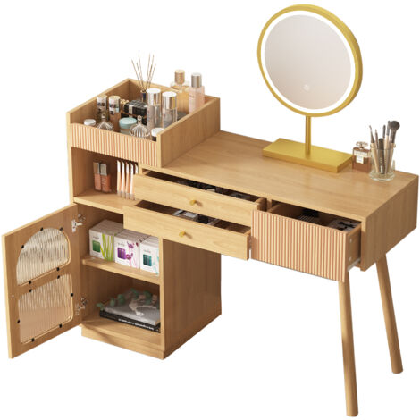 Tocador de madera con espejo LED y luz de 3 colores, set de tocador moderno para dormitorio o estudio, 120×90×40 cm, sin taburete