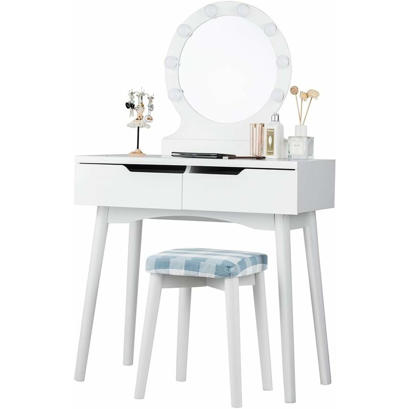 

Tocador de Maquillaje con 8 Bombillas de LED,Espejo y Taburete Mesa de Cosmético con 2 Cajones para Dormitorio Habitación