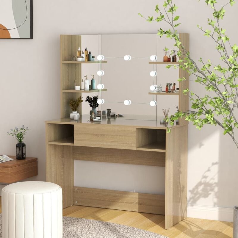 

BHD - Tocador de maquillaje con luces LED MDF roble 100x40x135 cm