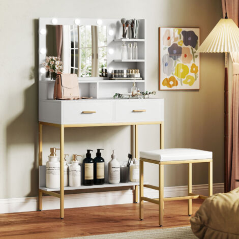 Tocador de Maquillaje con Luz y Taburete Mesa de Maquillaje con 2 Cajones y Estantes de Almacenamiento Blanco