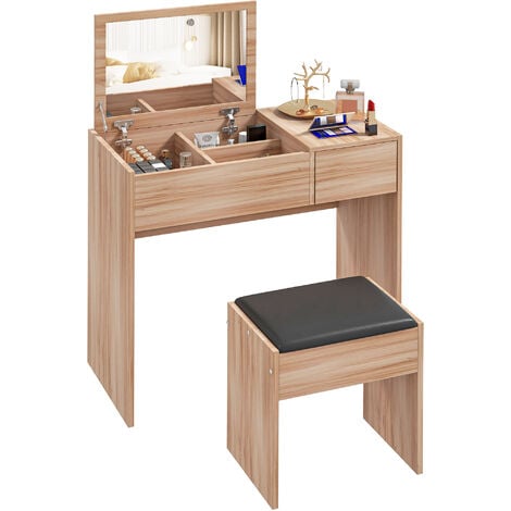 Tocador de Maquillaje con Taburete Mesa de Maquillaje con Espejo Tapa Abatible 3 Cajas y 1 Cajón de Almacenaje 80x40x79 cm y 40x30x40 cm
