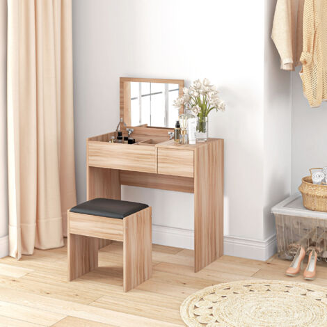 Tocador de Maquillaje con Taburete Mesa de Maquillaje con Espejo Tapa Abatible y Cajas 80x40x79 cm y 40x30x40 cm