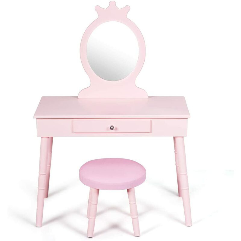 

Costway - Tocador de Maquillaje con Taburete y Espejo para Niña de Madera 70x34x100 centímetros Mesa de Belleza con Cajón (Rosa)