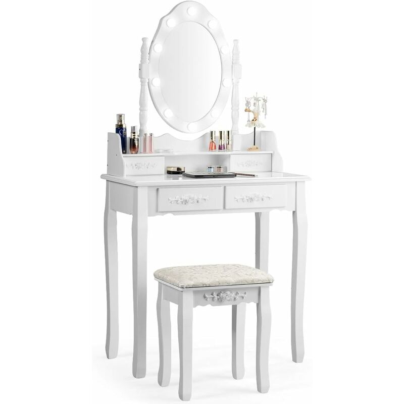 

Tocador de Maquillaje con Taburete Espejo Giratorio y LED Mesa de Cosmético con 4 Cajones y Tapa Extraíble (Blanco) - Costway