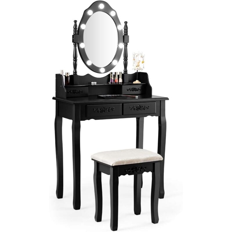 

Tocador de Maquillaje con Taburete Espejo Giratorio y LED Mesa de Cosmético con 4 Cajones y Tapa Extraíble (Negro) - Costway