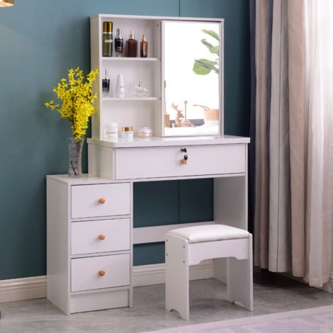 Tocador de maquillaje para dormitorio con espejo deslizante y taburete Abby