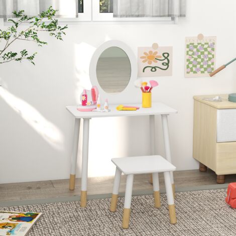 Tocador de Maquillaje para Niñas de +3 Años Tocador Infantil con Taburete y Espejo Diseño Sencillo Blanco