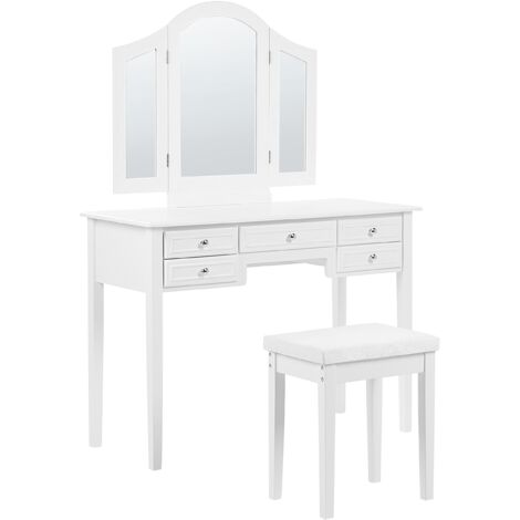 Tocador de MDF blanco 144 x 95 cm 5 cajones espejos 1 asiento retro Lumiere