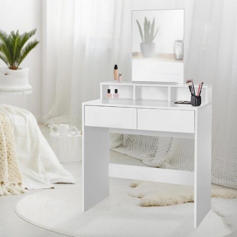 Tocador espejo mesa moderna make up comoda madera dos cajónes aglomerado blanco