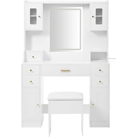 Tocador grande blanco con iluminación LED, enchufes, espejo, 6 cajones y 4 puertas, 105 × 152 × 40 cm