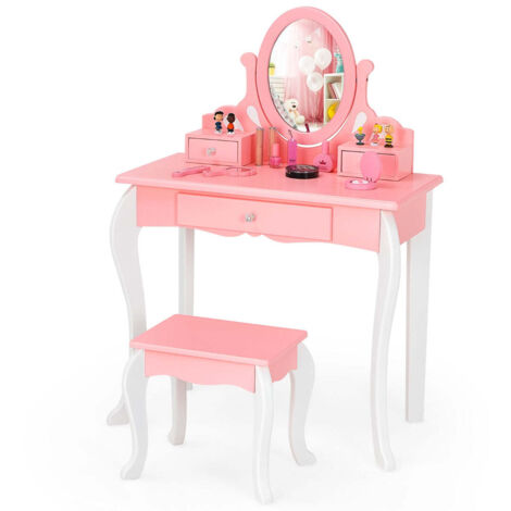 Tocador infantil con taburete 70 x 33,5 x 99,5 cm con espejo giratorio 360° y 3 cajones en MDF rosa y blanco 200011523