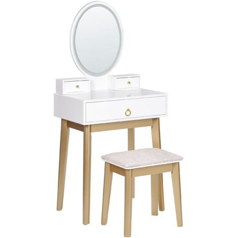 Tocador LED blanco dorado beige 58 x 40 cm MDF 3 cajones espejo taburete Rosey