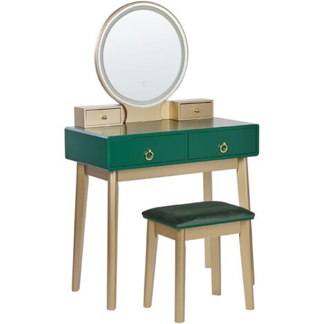 Tocador LED verde esmeralda dorado 80 x 40 cm MDF 4 cajones espejo taburete Fedry