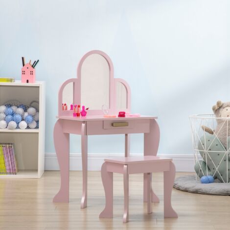 Tocador para Niños con Espejo y Taburete Tocador Infantil Tocador de Maquillaje para Niña de 3 a 6 Años con Cajón Rosa