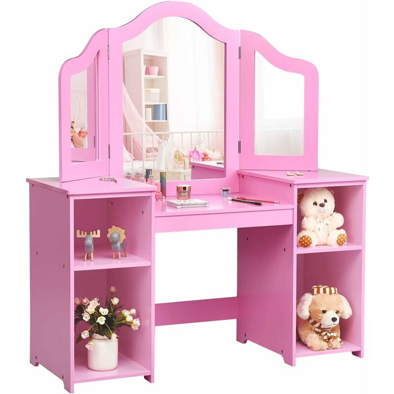 

Tocador para Niños con Compartimentos Abiertos Escritorio con Espejo Extraíble Mueble de MDF Estantería para Libro Juguete Almacenameitno (Rosa)