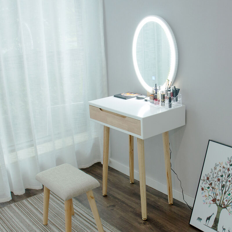 

Mueble de Tocador con Espejo Mesa de Maquillaje con Taburete Estilo Nórdico Oval Roble - Blanco