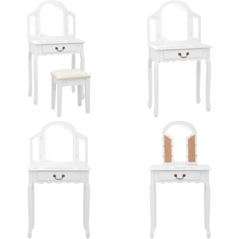 Tocador y taburete madera paulownia y MDF blanco 65x36x128 cm - Mesa de maquillaje - Taburete de madera