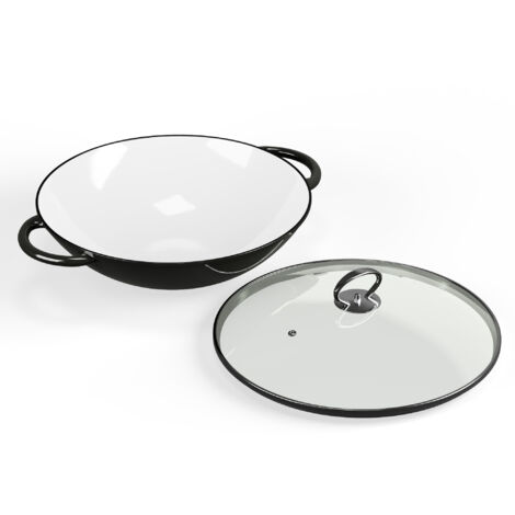 ToCi Wok Poele Wok Induction avec Couvercle Woks et Poêles à Frire Émaillés Wok en Fonte Poignées Grand Wok Antiadhésif et Profond pour Plaque Cuisine à Induction Vitrocéramique Gaz Electrique Noir