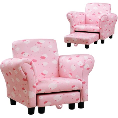 Toddler Chair Children's Armchairs Wood Frame w/ Footrest Anti-Slip Legs High Back Arms for Bedroom Playroom Cute Cloud Star Pink