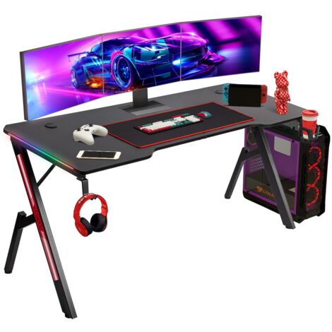Todeco – Bureau gamer 160 x 60 cm – Surface en fibre de carbone – Éclairage LED RGB – Ergonomique avec tapis de souris, porte-gobelet et support casque - RGB 160 X