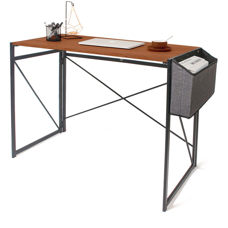 bureau informatique, table de bureau avec pochette de rangement, table détude de style industriel, aucune installation requise, marron