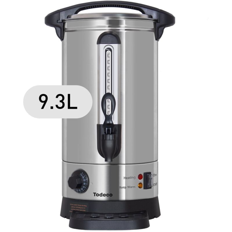 Todeco Distributeur de Boissons Chaudes 9,3L, 1500W, Marmite à Vin Chaud en Inox avec bac récupérateur, robinet, Thermostat, Réglage de la