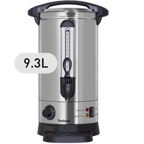 Todeco Distributeur de Boissons Chaudes 9,3L, 1500W, Marmite à Vin Chaud en Inox avec bac récupérateur, robinet, Thermostat, Réglage de la Température 30-110°C