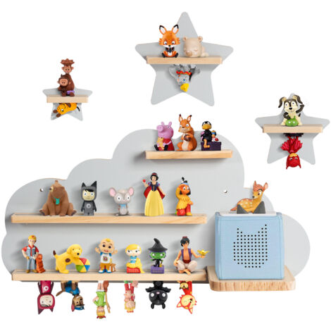 Todeco – Étagère murale pour Tonie Box – Capacité 20-25 figurines – Design nuage gris avec étoiles – Installation rapide et sécurisée