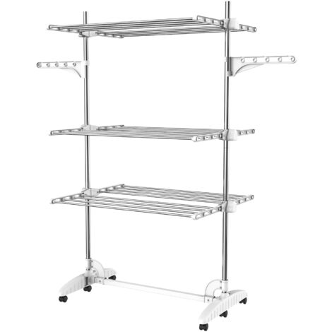 Todeco – Etendoir à linge 3 étagères – Tubes en acier inoxydable – Charge 3 kg par barre – Dimensions déployées 87,9 x 66 x 145 cm
