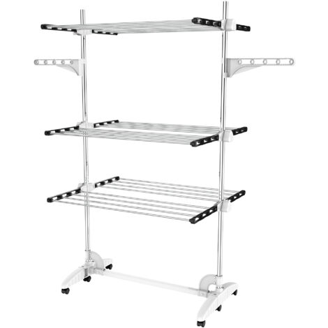 Todeco – Etendoir à linge 3 étagères – Acier inoxydable – 24 barres pour 3 kg par barre – Dimensions déployées 87,9 x 66 x 145 cm
