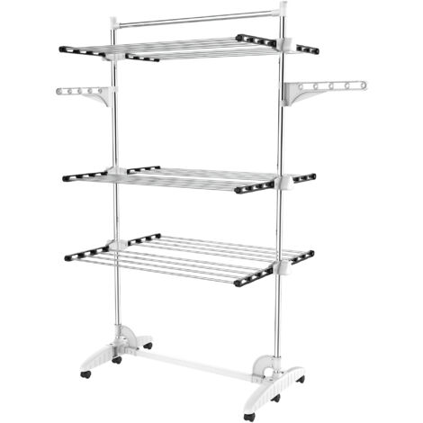 Todeco – Etendoir à linge 3 étagères – Acier inoxydable résistant à la rouille – Avec ailes et barre supérieure – Dimensions déployées 87,9 x 66 cm
