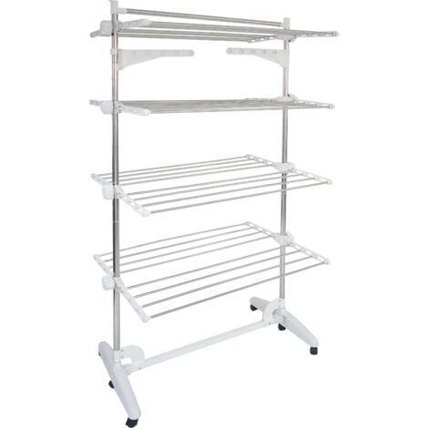 Todeco – Etendoir à linge 4 étagères blanc – Tubes en acier inoxydable – Dimensions déployées 87,9 x 66 x 163,1 cm – Charge max 3 kg par barre
